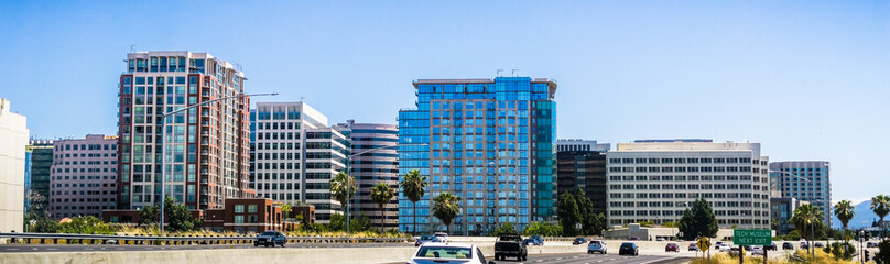 San Jose skyline as seen from the nearby freeway, Silicon Valley, California