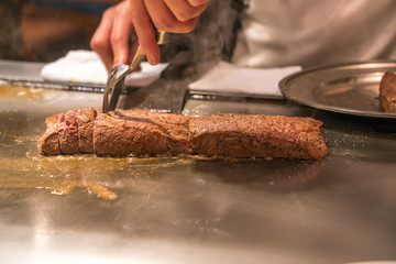 Wall Mural - Grilled Japanese Wagyu Kobe beef steak in the hot pan