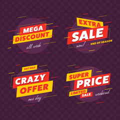 Canvas Print - Collection of vivid red and yellow colored banners for super sales on purple background