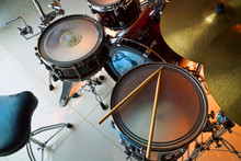 Musical Drum Set For Drummer. View From Above