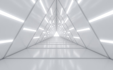 Illuminated corridor interior design. 3D rendering.