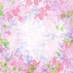  Watercolor card, greeting card for your design, pink color, birch branch, tree, foliage. Abstract pink spot, splash of paint. Art illustration. background with vintage floral pattern. 