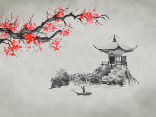 Japan traditional sumi-e painting. Fuji mountain, sakura, sunset. Japan sun. Indian ink illustration. Japanese picture.