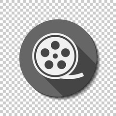 Wall Mural - Film roll, old movie strip icon, cinema logo. flat icon, long shadow, circle, transparent grid. Badge or sticker style