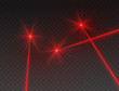 Laser beams isolated on transparent background. Abstract red lazer light rays with glow targets. Vector security or neon line effect for your design.