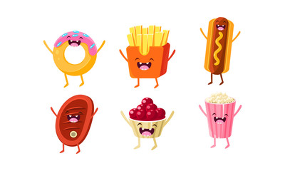 Sticker - Funny fast food characters set, donut, french fries, hot dog, meat steak, ice cream, popcorn vector Illustration