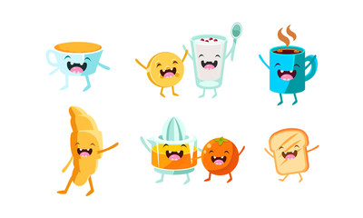 Canvas Print - Cute food and drinks characters set, funny healthy breakfast dishes vector Illustration