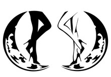 Beautiful Woman Legs Wearing High Heeled Shoes And Crescent Moon - Black And White Vector Design Set