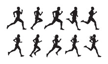 Run, Set Of Running People, Isolated Vector Silhouettes. Group Of  Men And Women Runners
