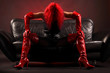 Eine rothaarige Frau in sexy Leder in rot und schwarz anonym