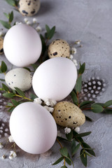  Easter spring decorative composition  with easter quail, chicken eggs and leaf sprigs of eucalyptus. On a gray concrete background with place for text.