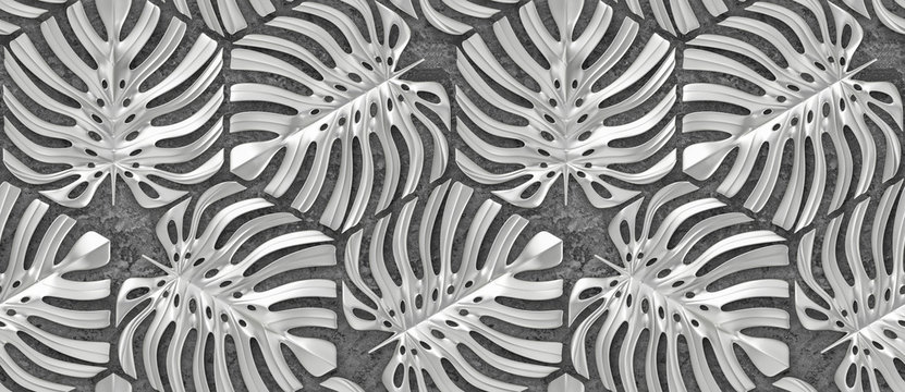 Wall Mural -  - Leaves monstera of silver metal on gray concrete background