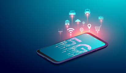 Canvas Print - 5g network wireless systems, smart city and internet of things concept with icons on smartphone'scre