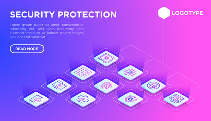 Wall Mural - security and protection web page template with thin line isometric icons: mobile security, fingerpri