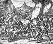 conquest of the Inca empire by Spanish conquistador Francisco Pizarro in XVI century: cruelty and abuse of slave aborigines by the Spanish army on the road to Peru