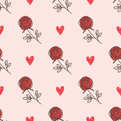 Wall Mural - Seamless pattern of hand drawn roses and hearts