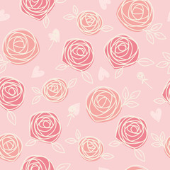 Wall Mural - Seamless pattern of hand drawn roses and hearts