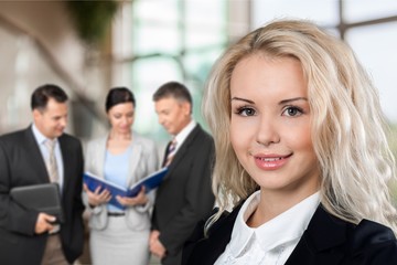 Sticker - Portrait of Business people  at meeting on background