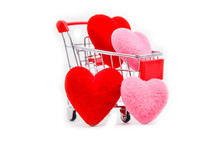 Hearts In Shopping Cart Isolated On White Background,Valentine Day.