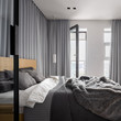 Luxurious bedroom with gray window curtains