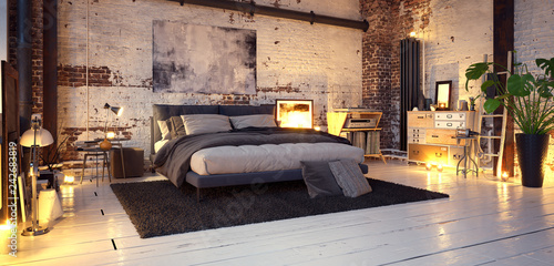Bed In Old Vintage Industrial Loft Apartment With Candle