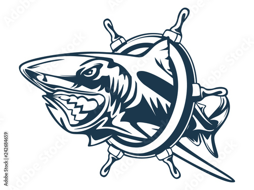 Download Toothy great white shark fishing logo. Strong shark fishing sports mascot emblem. Angry fish ...