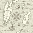 Vector abstract seamless background on the theme of travel, adventure and discovery. Old hand drawn map with vintage sailing yachts, wind rose, routs, nautical symbols and handwritten inscriptions