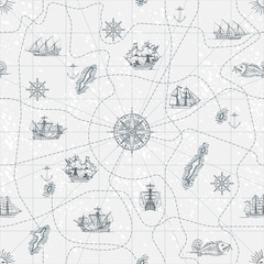  Vector abstract seamless background on the theme of travel, adventure and discovery. Old hand drawn map with vintage sailing yachts, wind rose, routes and nautical symbols