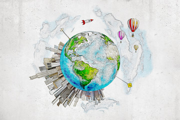 3d rendering of hand drawn colored earth globe with city buildings, air balloons and a space rocket on white background