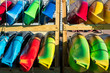 Selection of kayaks available for rent, Cape Cod, Massachusetts, USA.
