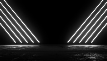 neon glowing lights futuristic background. white colors line in empty dark room with concrete floor 