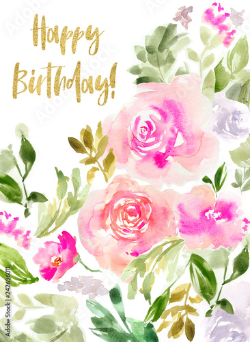 Cute Watercolor Flowers Birthday Card Background. Happy Birthday ...