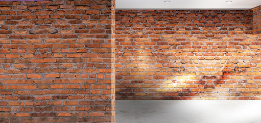 Wall Mural - Empty room with old brick walls, large windows, bright rooms, sunlight. 3D illustration