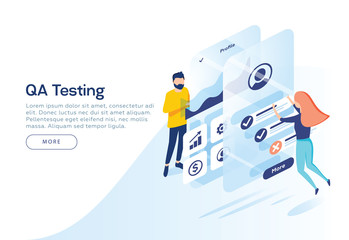People testing the interface and usability of a mobile application. Isometric illustration. Landing page concept.
