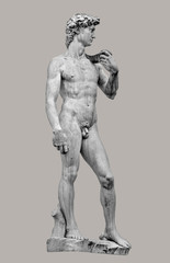 Statue of handsome and strong David at Piazza Della Signoria in Florence, isolated at even background, Italy, details