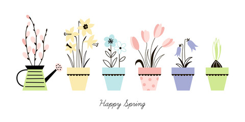 Spring Flowers In Pots, Isolated On White Background, Vector Illustration