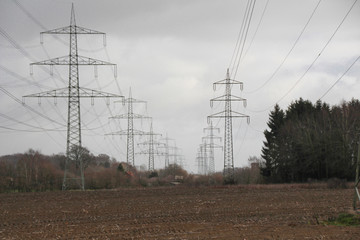 high voltage cables and steel pylons