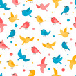Pattern with colorful flying birds isolated on white.