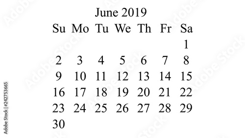 June 2019 Calendar 2019 Vector Simple Design Minimal 2019