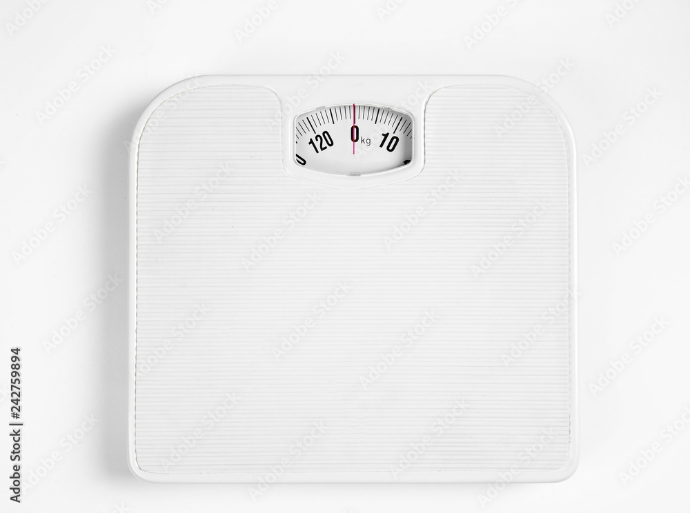 Modern scales isolated on white, top view - obrazy, fototapety, plakaty 