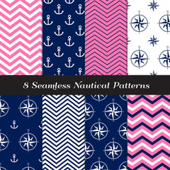 Wall Mural - Nautical Patterns in Navy Blue, Pink and White Chevron, Anchors and Compasses. Girly Marine Theme Backgrounds. Vector Repeating Pattern Tile Swatches Included.
