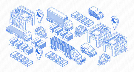 Isometric simple blue icons with various package and containers and transport on white background