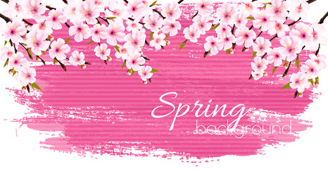 Poster - Spring nature background with a pink blooming sakura. Vector.