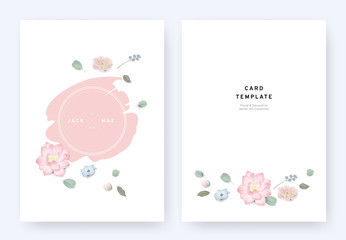 Minimalist floral wedding invitation card template design, anemone, lotus, Nemophila and leaves with pink badge on white background, pastel vintage theme