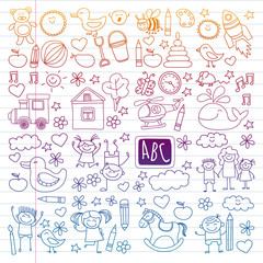 Vector doodle set with kindergarten children. Small kids play, learn, having fun together