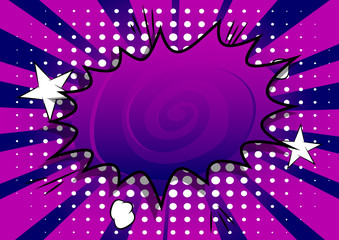 Vector illustrated retro comic book background with big purple explosion bubble, pop art vintage style backdrop.