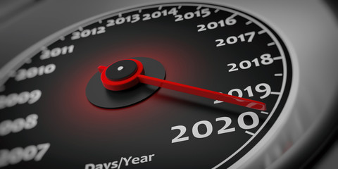 2020 new year. Car speedometer gauge closeup detail. 3d illustration