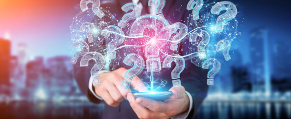Fototapete - Businessman solving problem with digital question marks 3D rendering