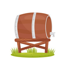 Wall Mural - Large wooden barrel with faucet on stand. Cylindrical container with metal hoops. Farm theme. Flat vector design