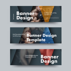 Wall Mural - design of black vector horizontal web banners with triangular color elements and place for photo.